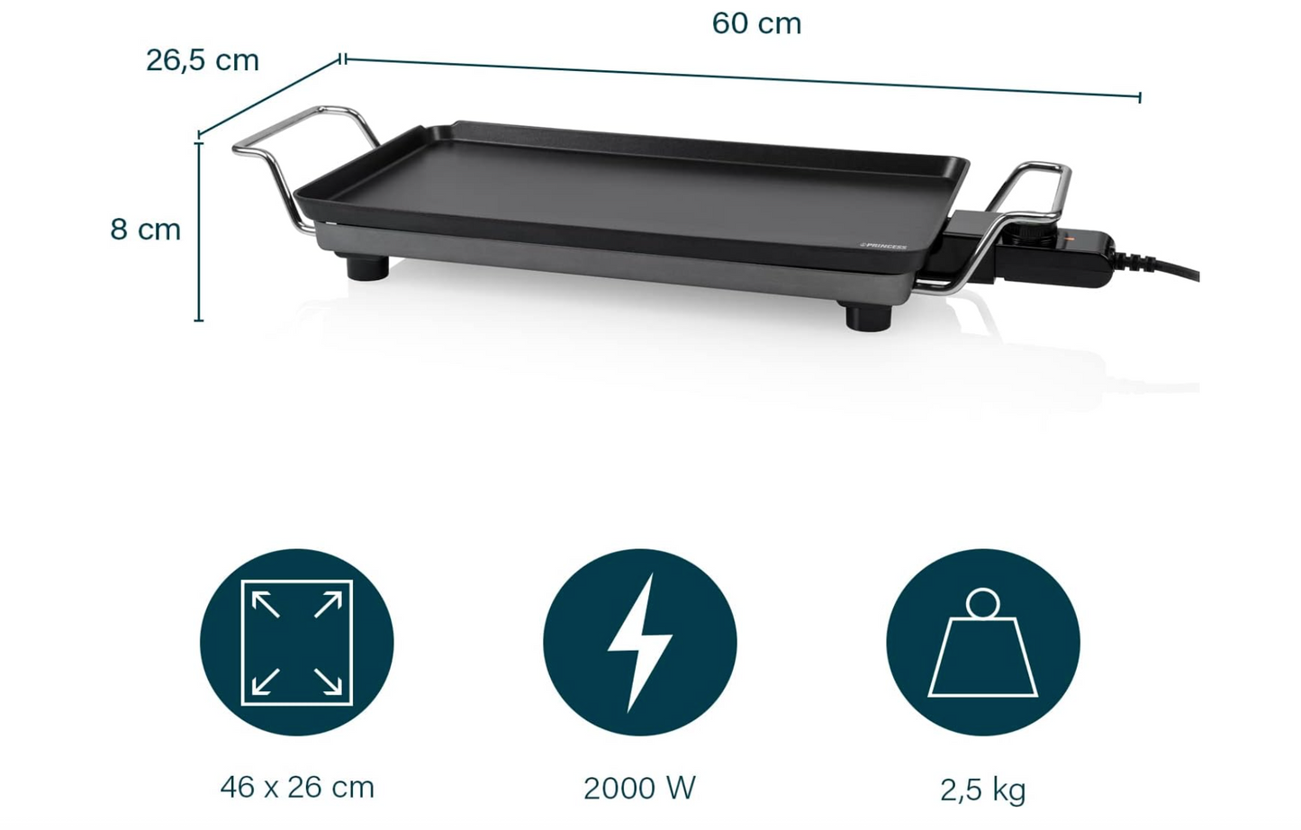 Plancha de aluminio fundido, superficie de 46 x 26 cm, 2000 W