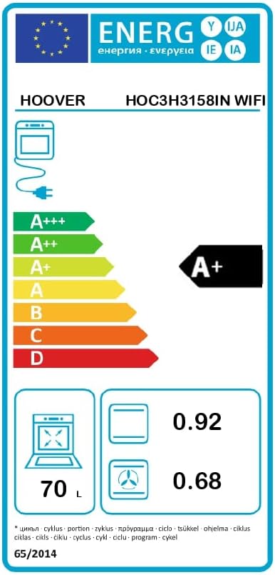 Horno Eléctrico Hoover, Convección + Ventilador, 70 litros, Hidrolítico, Control a distancia (WIFI), Clase A+, Acero Inox - HOC3H3158IN